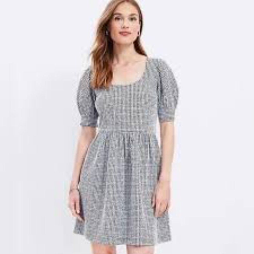 Loft Women's Dress Textured Scoop Neckline Swing Black/White Puff Sleeve Nwt L